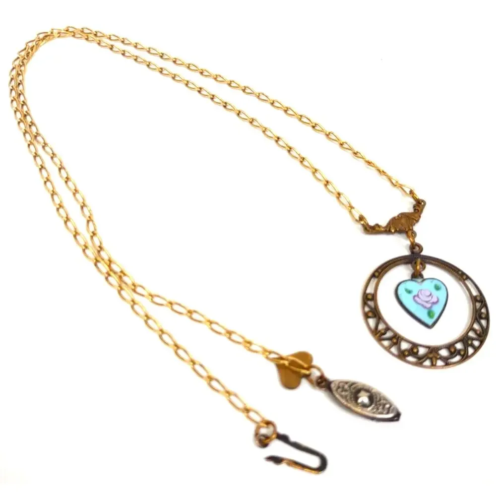 Vintage Glass Works Studio Heart Necklace Ceramic Blue Green Brass Metal 24”